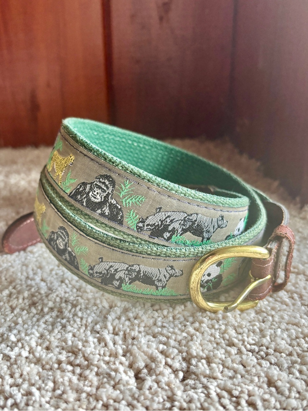 vintage safari animal woven leather belt brass jungle gorilla panda elephant
